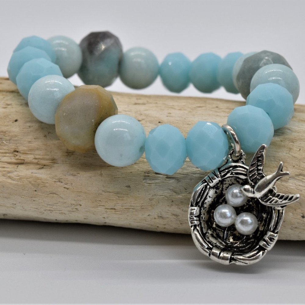 Aquamarine, Amazonite and bird charm bracelet